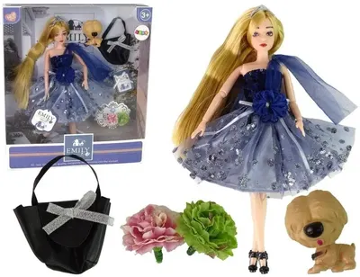 Păpuşă Lean Toys - Emily, cu geantă neagră și cățeluș, 30 cm