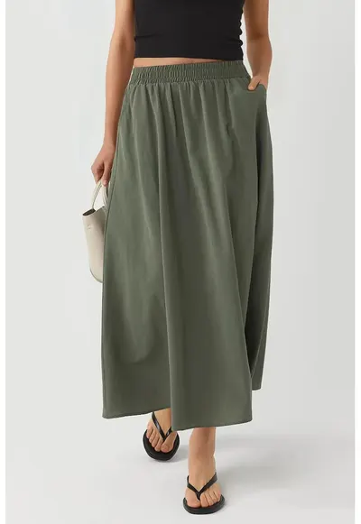 Fusta midi talie elastica - buzunare - kaki