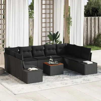 Gossi set de canapea de gradina cu 10 piese cu perne, negru, poliratan, acacia