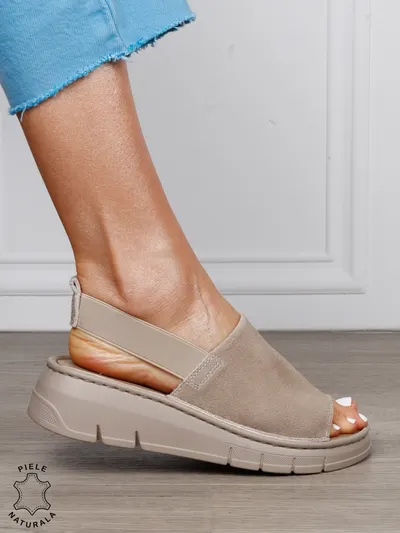 Sandale Damă din Piele Naturală Intoarsa cu Design Modern și Bareta Elastică CRL1805 BEJ INCHIS