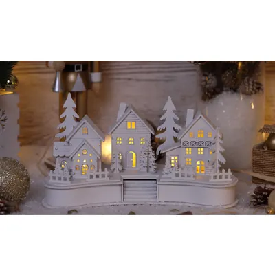 Sat de Craciun cu LED, culoare alba, din lemn, cu baterii Timer 6+18h,6LED, 3000K, 2xAA