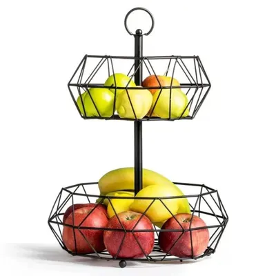 Cos pentru Fructe Metalic, 2 Nivele, Negru, Vilde, 32 cm