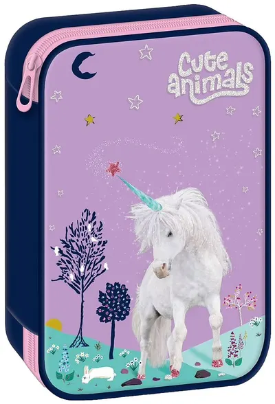 Penar de școală Ars Una Cute Animals - Unicorn, 1 fermoar pe 2 niveluri