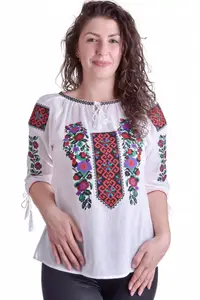 Ie traditionala alba cu motiv floral multicolor Gisela 02