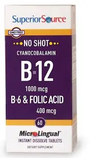 Vitamine B12, B6 + Acid folic, 1000 mcg/400 mcg, 60 tablete sublinguale, Superior Source