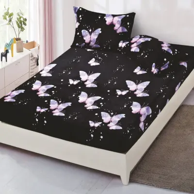 Cearsaf / Husa cu Elastic Cocolino 180x200cm si 2 fete de perna 50x70cm, Negru, fluturi mov