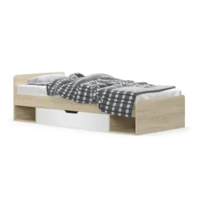 Pat cu sertar TIPS 90x200 cm, stejar sonoma + alb, 203,2x95,6x60,5 cm