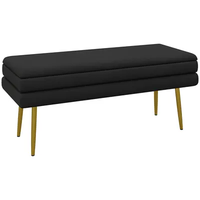 HOMCOM Bancă bancuță cutie de depozitare 2 în 1 cu șezut din catifea și picioare de oțel - 100 x 37,5 x 42 cm, negru și auriu | Aosom Romania