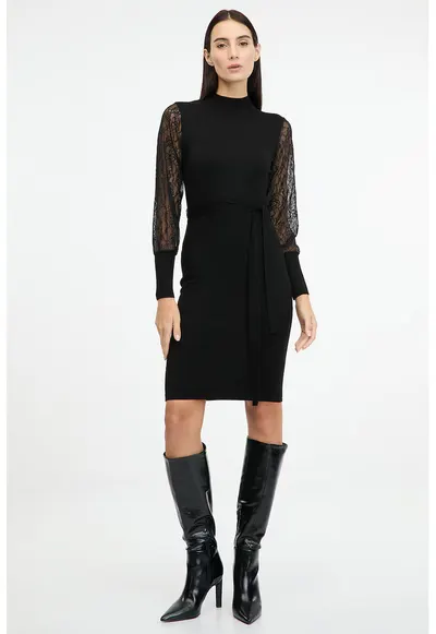 Rochie midi cu maneci din dantela - Negru