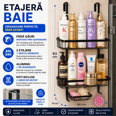 Etajera pentru Baie - Din Aluminiu, Montare prin Suspendare, 3 Compartimente, Negru