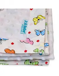 Paturica cu 2 fete din plus minky si bumbac 100 x 100 cm model fluturi, alb