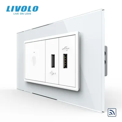 Intrerupator tactil simplu control telecomanda RF + priza dubla USB, 4M, cu rama sticla Alb