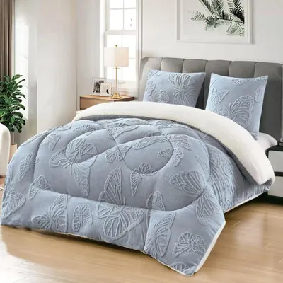 Pilote En-gros Gri, Material Cocolino Premium, 200x230 cm, UNI, Model cu Fluturi in Relief, pentru Pat Dublu, cu 2 fete de Perna Incluse