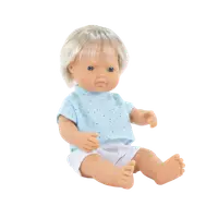 Papusa baiat caucazian blond 38 cm cu tricoul bleu, corp parfumat, colectia My Friends and Me