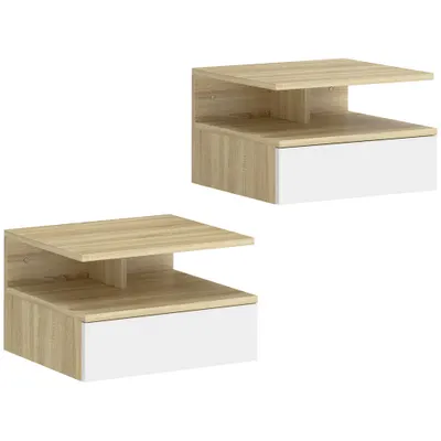 HOMCOM Set de 2 Noptiere Suspendate cu Sertar și Raft Deschis, 35x32x22.5 cm, Alb și Stejar | Aosom Romania