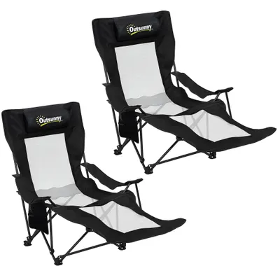 Outsunny Set de 2 Scaune Pliabile Rabatabile pentru Camping cu Suport Picioare Detașabil, Tetieră, Suport Pahar și Husă, Negru | Aosom Romania