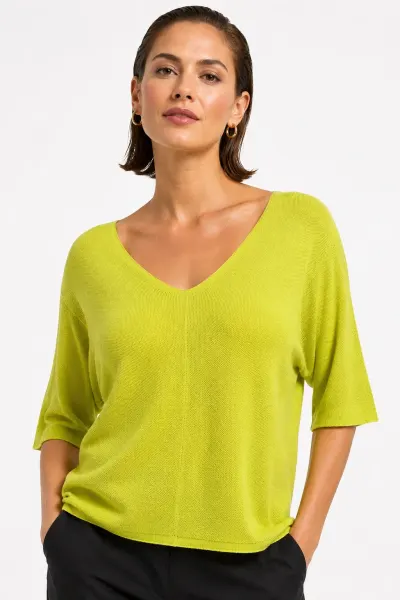 Bluza fin tricotata bob de orez, cu maneca fluture 3 4, galben lime