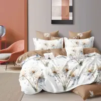 Lenjerie pat dublu, Finet, 6 piese, Crem, Maro, flori