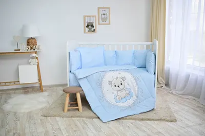 Set de lenjerie de pat din 5 piese Lorelli - Cu balustrade, Ursuleț, albastru