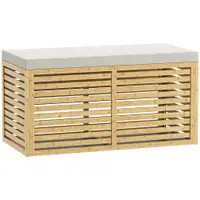 HOMCOM Bancă de depozitare, cufăr tapițat din material cu aspect de in, capac și structură din bambus, gri și lemn natural | Aosom Romania