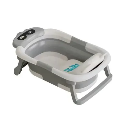 Cadita bebelusi ultrapliabila Little Mom Turtle Grey, cu pernuta moale detasabila, termometru incorporat, display digital, suport dus, sistem de agatare, dop pentru evacuarea apei, material non-toxic