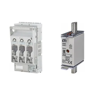 Pachet Protectie Circuit Trifazat: Soclu Siguranta Fuzibila NH00 3P (M8/M8), Siguranta Fuzibila NH000 gG 25A 500V