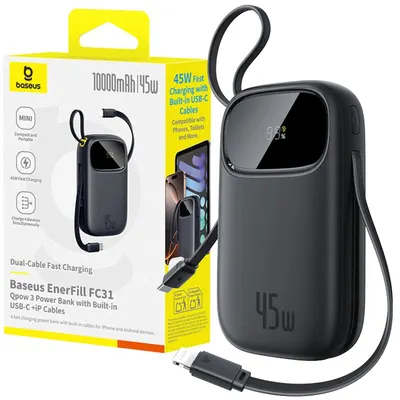 Powerbank Baseus 10000mah 45W cu cabluri USB-C Lightning