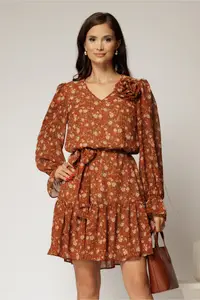 Rochie scurta caramizie cu imprimeu floral si volanas la baza