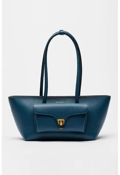 Geanta tote trapezoidala de piele Double Beat - Albastru oceanic