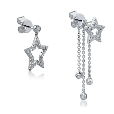 Cercei asimetrici cu stele din aur alb cu diamante de 0.47ct