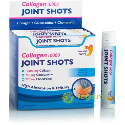 Joint Shots - Colagen Lichid Hidrolizat de Tip 1, 2 si 3 cu 10000mg + Glucozamina Sulfat + MSM + Condroitina + Turmeric + Ceai verde + Vitamina B12, C si D3 30 fiole