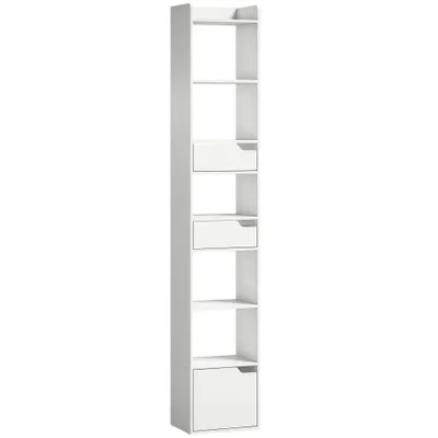 HOMCOM Bibliotecă pentru cărți cu 2 sertare și ușă Etajeră îngustă cu 6 rafturi deschise 32x24x181,5 cm Alb | Aosom Romania