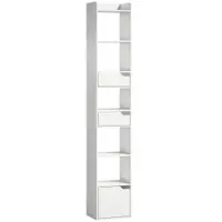 HOMCOM Bibliotecă pentru cărți cu 2 sertare și ușă Etajeră îngustă cu 6 rafturi deschise 32x24x181,5 cm Alb | Aosom Romania