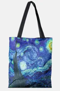 Geanta shopper din material textil, cu imprimeu inspirat din pictura Noapte Instelata a lui Vincent Van Gogh