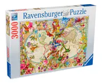 Puzzle Ravensburger din 3000 de piese - Harta lumii cu flora și fauna