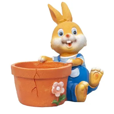 Decoratiune pentru Gradina, Iepure cu Ghiveci pentru Flori, Inaltime 17 cm, Rasina, Galben