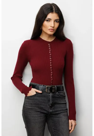 Cardigan tricotat cu nasturi - rosu burgund - poliester - maneci lungi