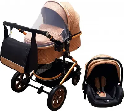 Carucior pentru copii Baby Care Pro 530 Bej Negru 3 in 1 Transformabil, Cadru Aluminiu, Amortizoare, Roti din cauciuc, Spatar reglabil 3 trepte, Plasa insecte, Geanta