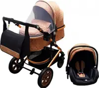 Carucior pentru copii Baby Care Pro 530 Bej Negru 3 in 1 Transformabil, Cadru Aluminiu, Amortizoare, Roti din cauciuc, Spatar reglabil 3 trepte, Plasa insecte, Geanta
