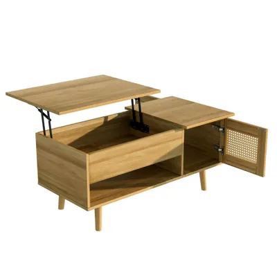 Masă de cafea cu blat rabatabil și uși din ratan, spațiu de depozitare practic,103x50x46 cm, Culoare naturală