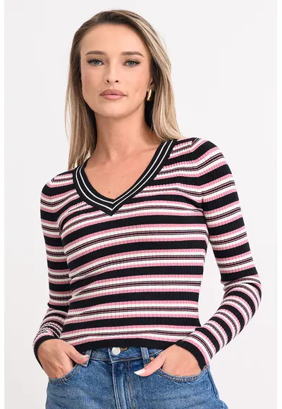 Pulover slim fit cu decolteu in V - Negru/Roz