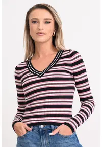 Pulover slim fit cu decolteu in V - Negru/Roz