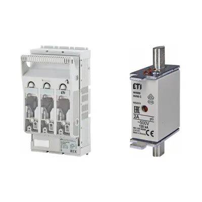 Pachet Protectie Circuit Trifazat: Soclu Siguranta Fuzibila NH00 3P (M8/M8), Siguranta Fuzibila NH000 gG 2A 500V