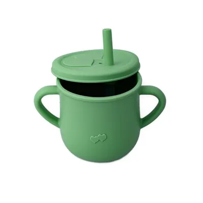 Cana din silicon cu manere si pai pentru copii 200 ml verde pal