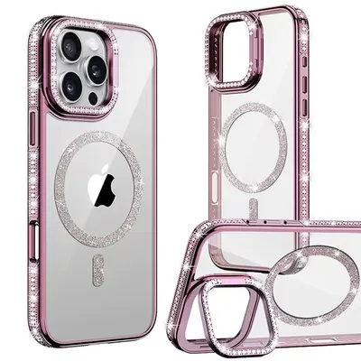 Husa Crystal MagSafe, Suport camera, iPhone 16 Pro, Strasuri si sclipici, Protectie antisoc, Roz Engros