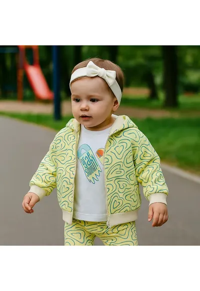 Hanorac cu gluga fermoar si imprimeu Inimioare - Keep Going - Galben si Bej - pentru fetite - Galben