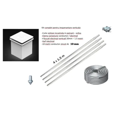 Set Impamantare verticala 4 electrozi 10 ml conductor zincat + accesorii Complet - Montaj Rapid si Usor, ideal pentru sisteme solare