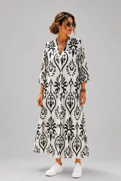 Rochie lunga vaporoasa cu imprimeu mediteranean, alb-negru