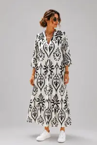 Rochie lunga vaporoasa cu imprimeu mediteranean, alb-negru