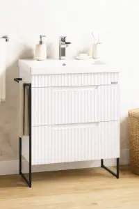 Set Baza front MDF si Lavoar seria 733, cadru metalic, cu sertare, 60 cm, alb rustic